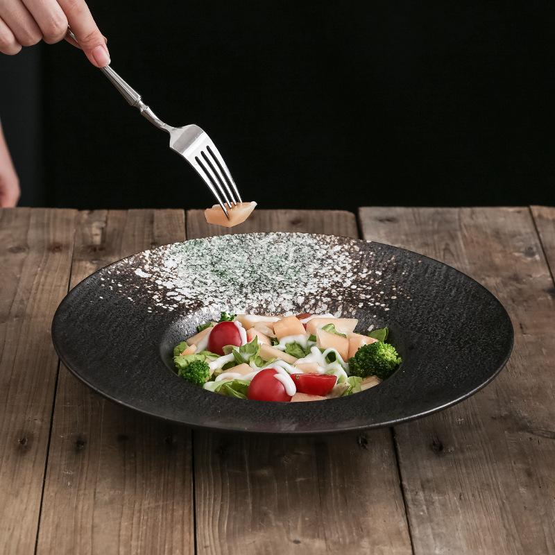 Japanese Western Pasta Deep Plate Seat Ufo Salad Plate Household Black Ceramic Straw Hat Bowl