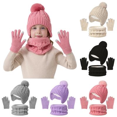 Children's Hat, Scarf, Gloves, Three Piece Set With Plush And Thickened Single Ball Baby Hat