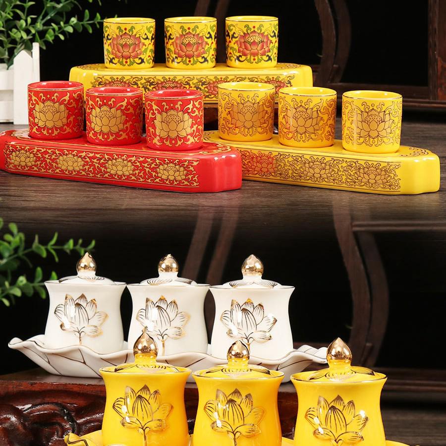 Coppa per Acqua per Altare Buddista in Ceramica di Loto con Mantra della Grande Compassione - Tazza per Offerte a Guanyin