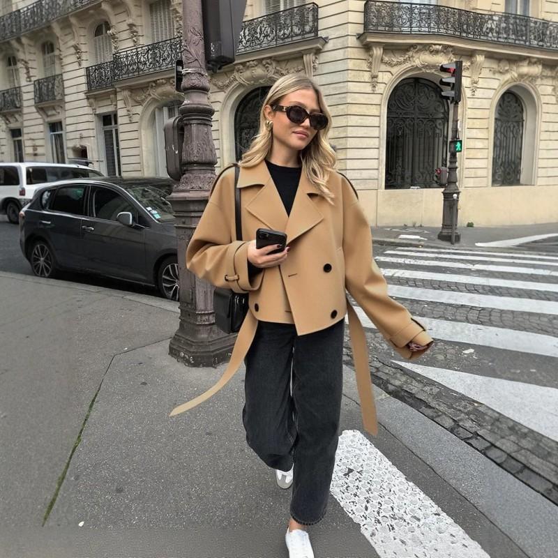 Womens Short Wool Blend Pea Coat With Belt Double Breasted Notched Collar Pocket Jacket