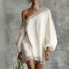 Women Off One Shoulder Loose Mini Dress, Batwing Long Sleeve Lace Trim Club Party Cocktail Dress, Summer Vacation Wedding Guest Dress