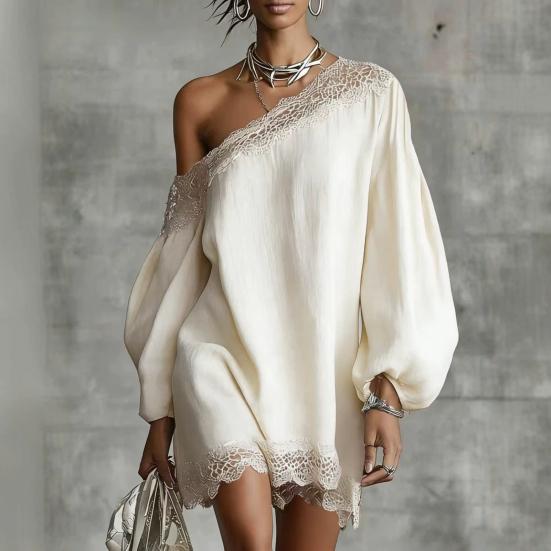 Women Off One Shoulder Loose Mini Dress, Batwing Long Sleeve Lace Trim Club Party Cocktail Dress, Summer Vacation Wedding Guest Dress