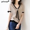 Women Clothing Elegant Fashion Solid Color Bow T-shirt 2023 Summer Streetwear Short Sleeve V-Neck Casual Loose Knitted Pullovers