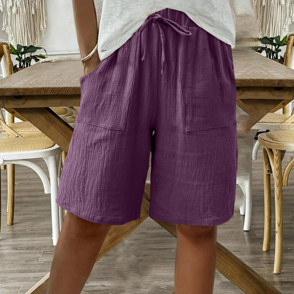 Women's Summer Cotton and Linen Solid Color Straps Loose Casual Five-point Shorts