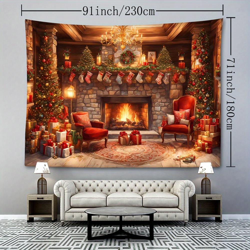 Christmas Tree and Fireplace Tapestry, Woven Polyester Wall Hanging, 90g Brushed Fabric with Animal Theme Graphic, Portrait Orientation, Decorative Wa