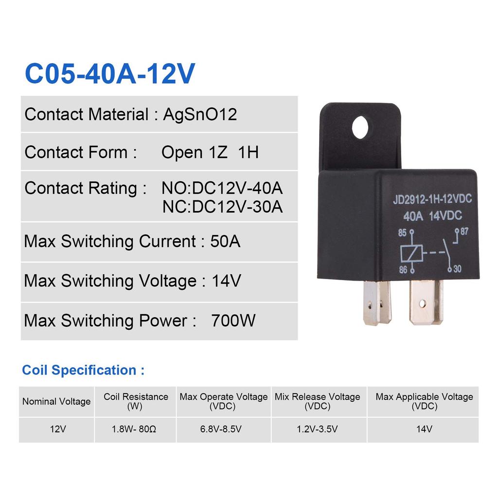 Ehdis 5 Pack Car Relay 4 Pin 40A SPST Model No. : JD2912-1H-12VDC
