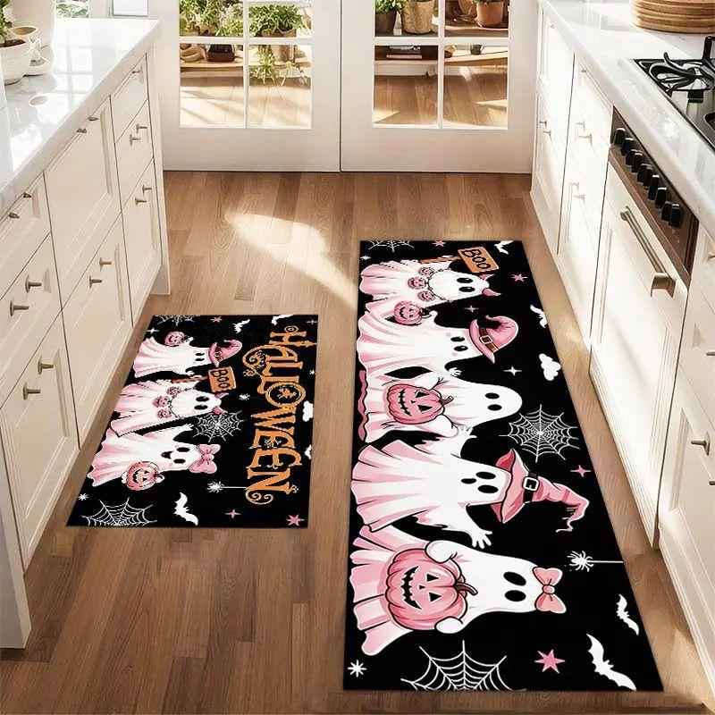 Halloween Kitchen Mat Set Black Gold Stripe Pumpkin Boo Runner Mat Entryway Holiday Home Decor Aesthetic Art Cute