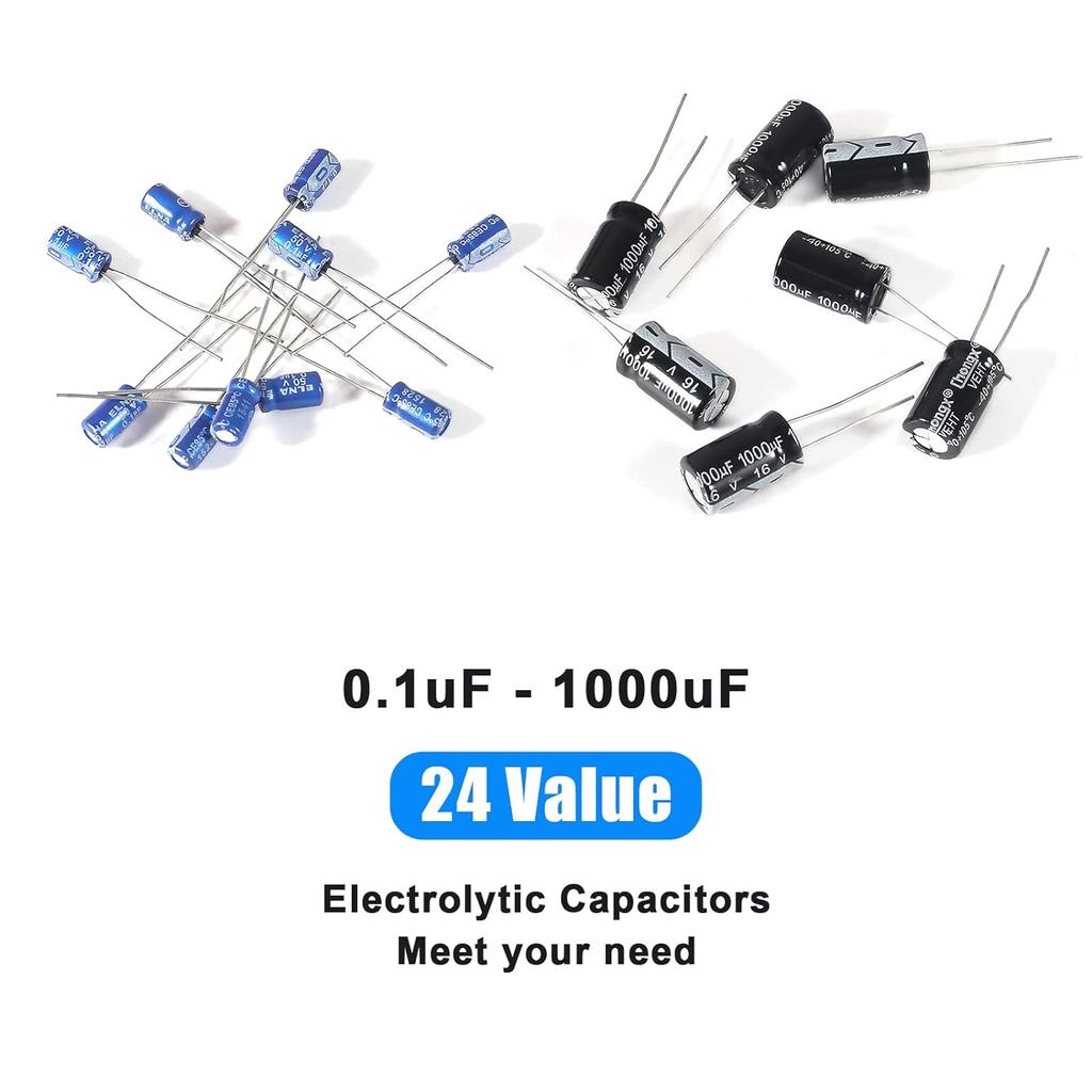 240pcs Aluminum Electrolytic Capacitor Electrolytic Capacitors Kit 24Value Range 0.1uF-1000uF Capacitors Assortment Kit