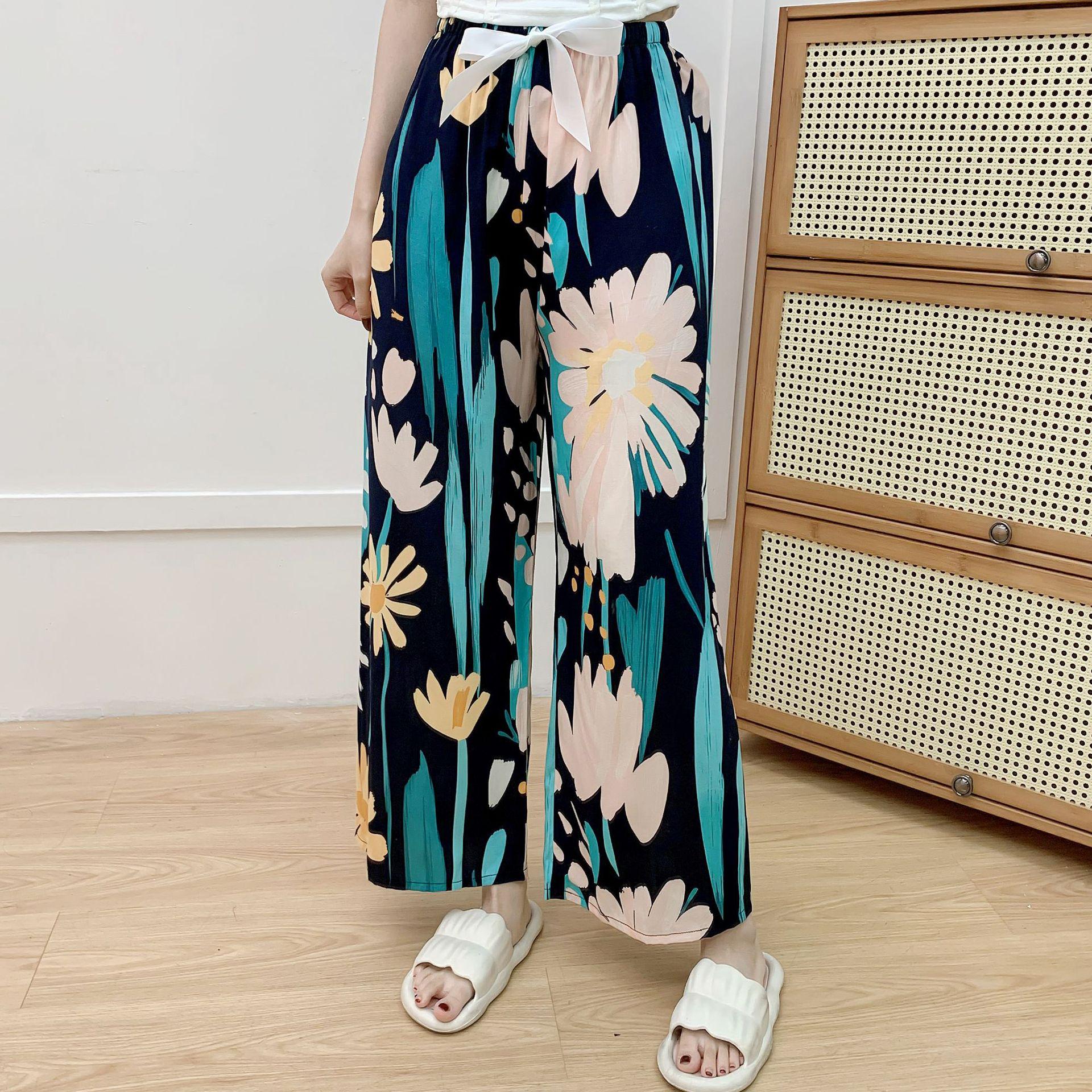 Floral Cotton Silk Pajama Pants for Women - Summer Rayon Casual Large Size, Outdoor Wear. One Size