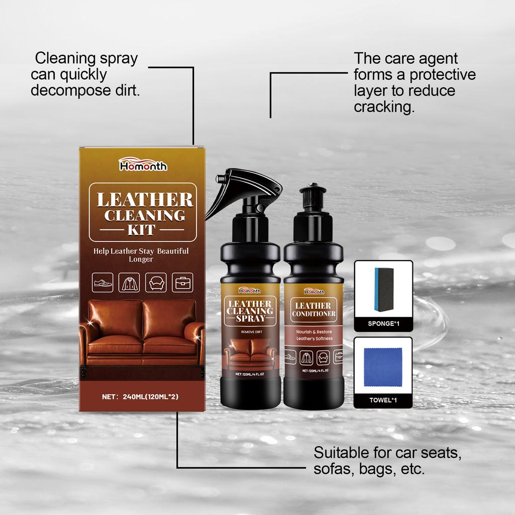 Leather Cleaner Conditioner Kit Care Set Deep Spray Nourishing Cream Restores Softness Shine Prevents Cracking Includes Sponge