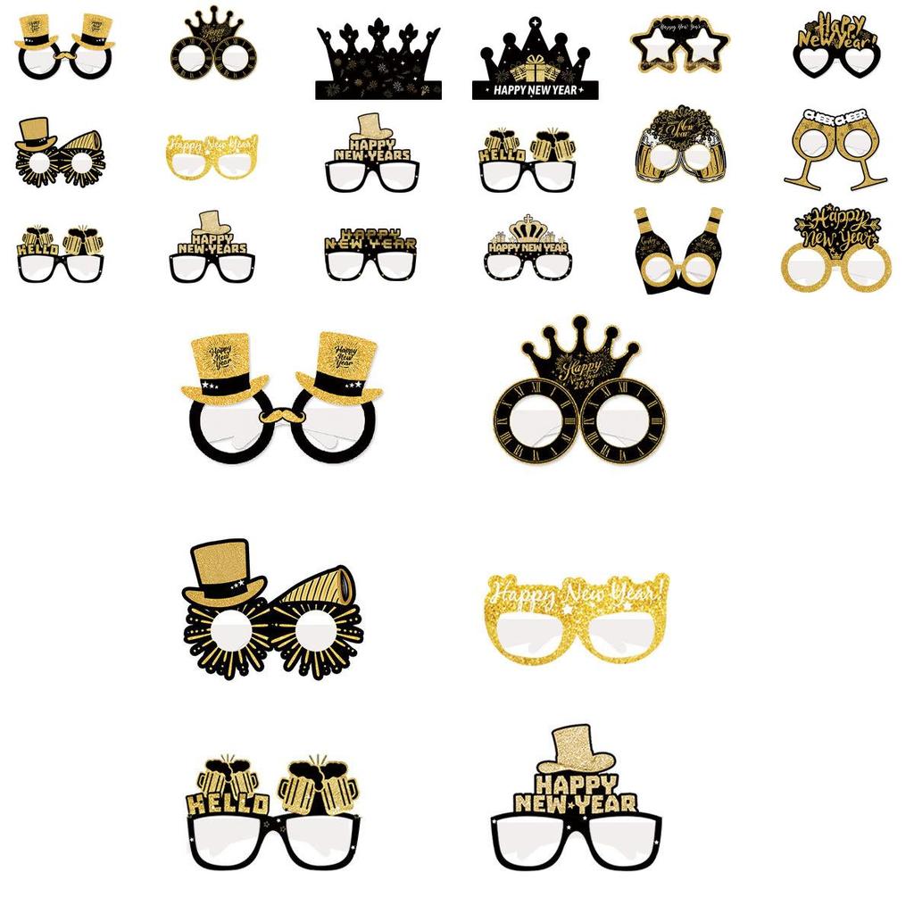 New Year Festive Paper Glasses And Hat Photo Accessories For Holiday Party Setup