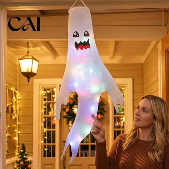Theme Cafe Hanging Decorations 47 Inch Halloween Ghost Windsock with LED Lights, Luminous Flying Ghosts Flag Wind Socks for Tree Outdoor Yard