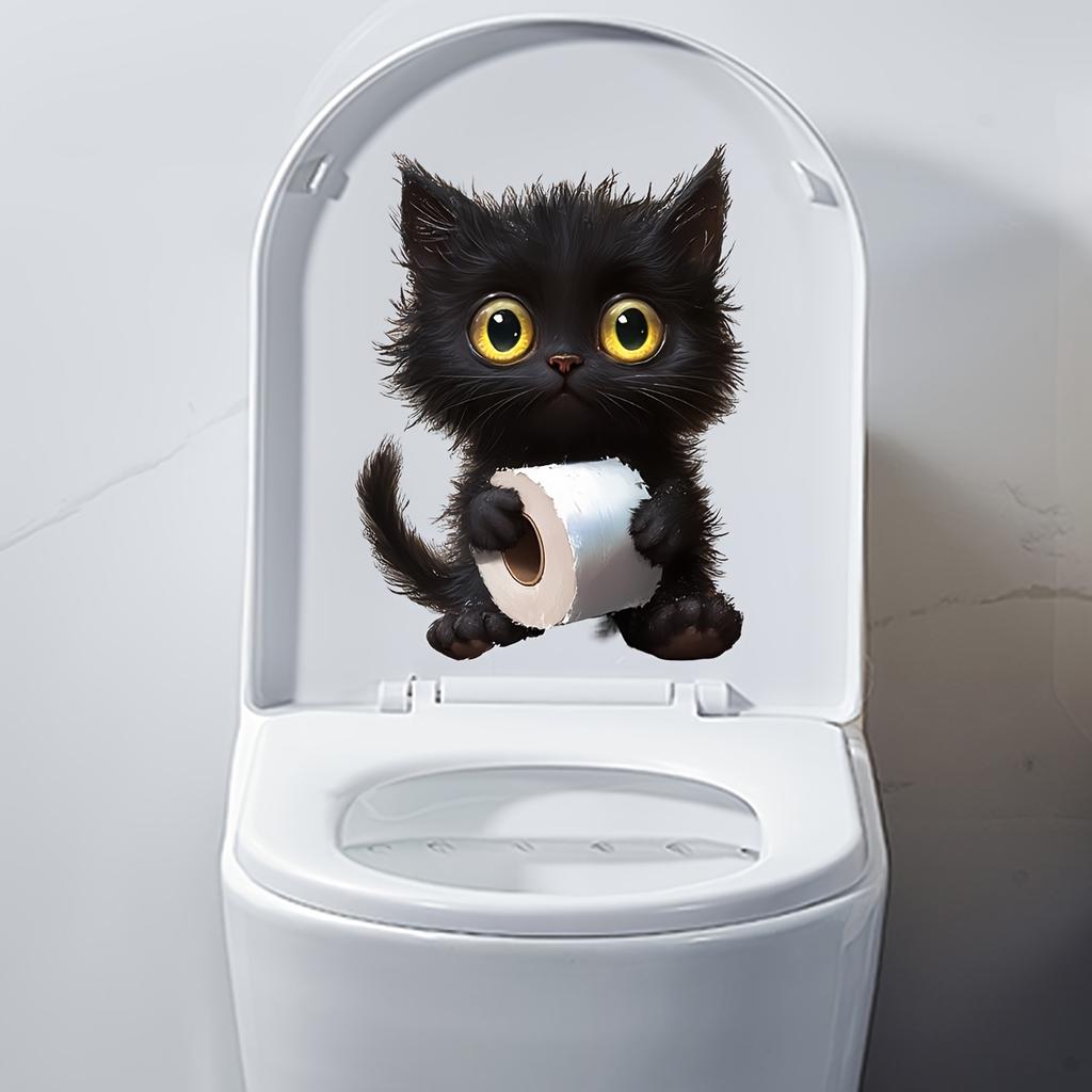 Cute Black Cat Toilet Paper Toilet Sticker Bathroom Toilet Cover Waterproof Sticker Wc For Home Decoration Transparent Decals S633