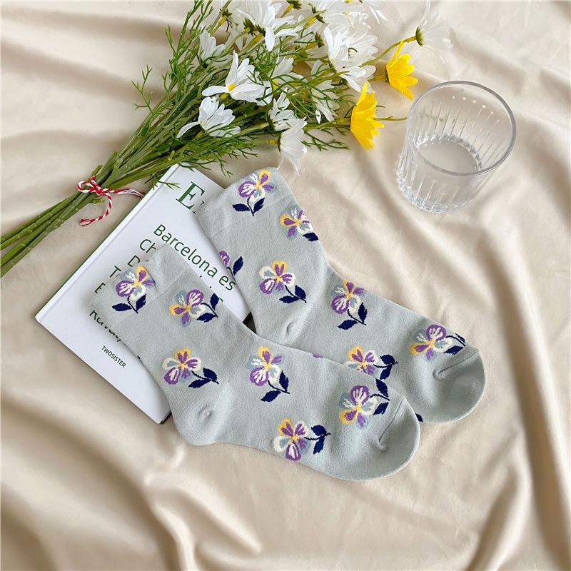 Sock Children's Mid-length Spring-autumn Cotton Socks, Cute and Sweet Flowered Socks, Versatile for An Academic Style.