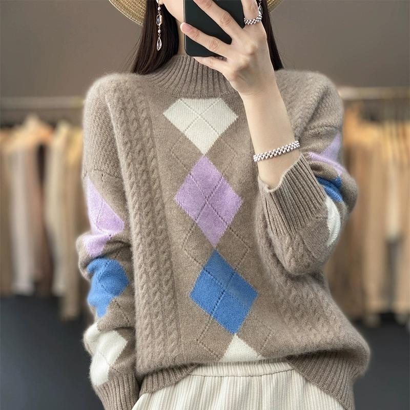 

DIMANAF 2024 Осень Женские свитера Пуловеры Топы O-образный вырез Клетчатые вязаные Базовые однотонные футболки Фиолетовая рубашка свитер One Size белый