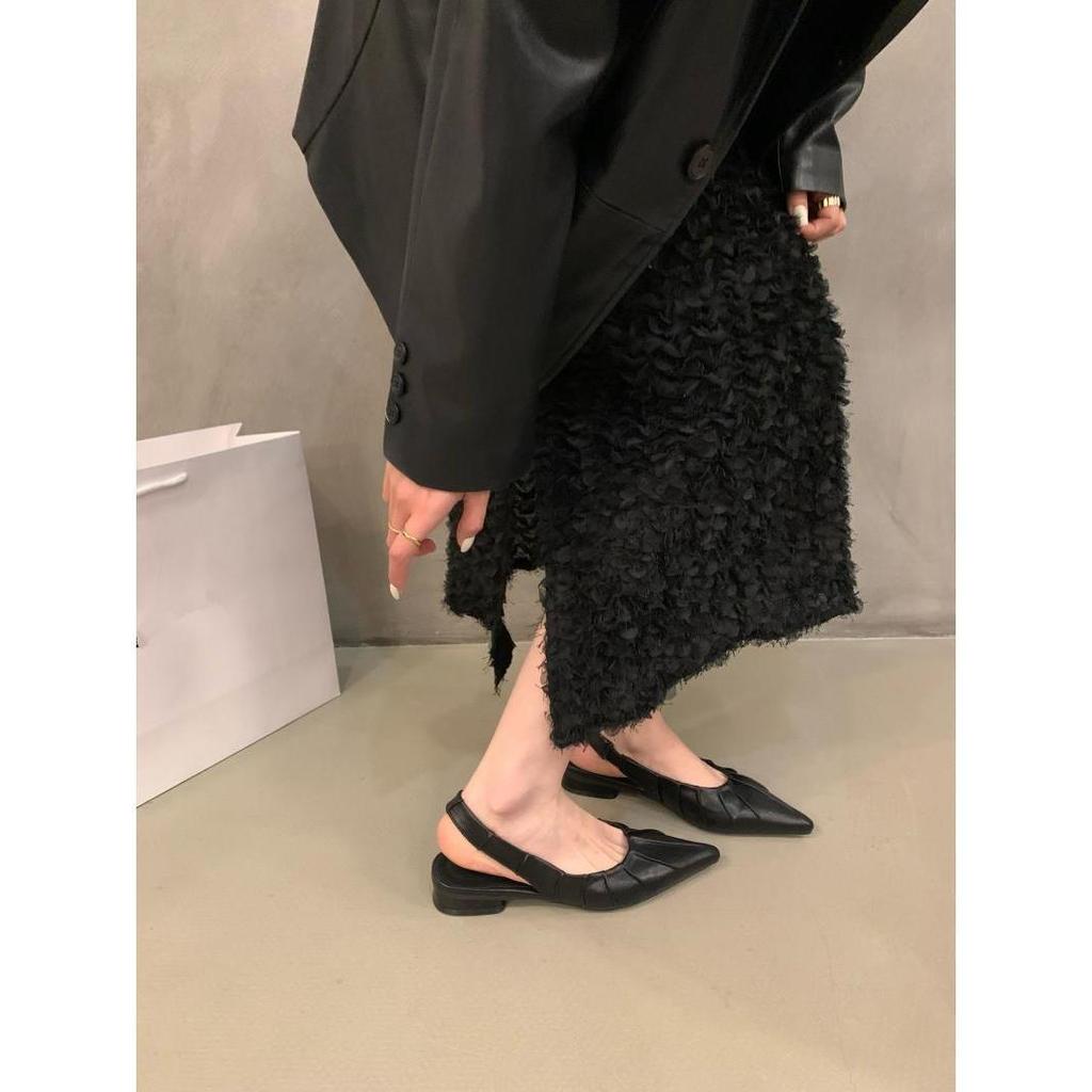 Trendy brand French low-heeled niche bag head sandals women's shoes 2025 new summer folds with skirt pointed single shoes