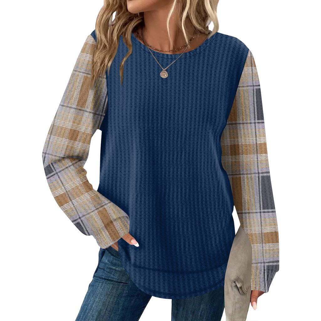 Women's Plaid Print Round Neck Long Sleeve Casual Loose Top
