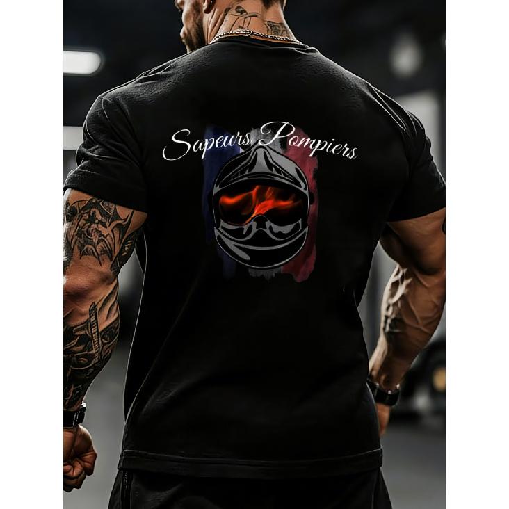 T-shirt Nera con Casco da Pompiere e Stampa Posteriore Testo Sapeurs Pompiers per Uomo Allenamento in Palestra Abbigliamento Casual