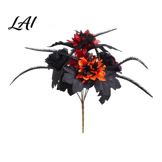 Fake Maple Leaf Decor Halloween Artificial Flower Fall Faux Sunflower Rose Bouquet with Black Maintenance Free Flowers Leaves Autumn Floral