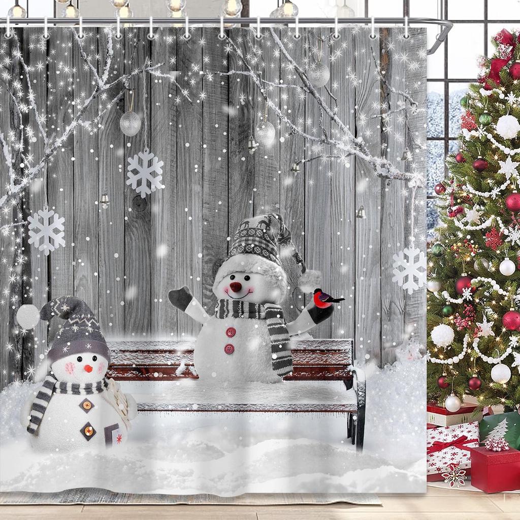 Winter Christmas Shower Curtain, Cute Snowman Snowflake Scene Holiday Decor Bath Curtain For Bathroom, Farmhouse Xmas Covered