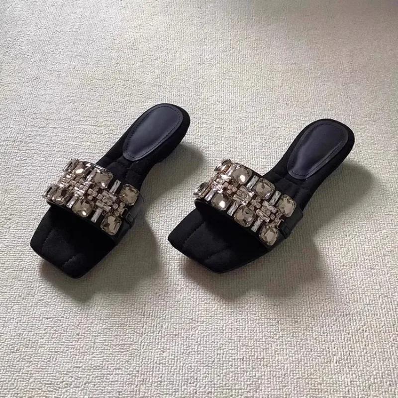 2025 New Shoes for Women Summer Outdoor Peep Toe Modern Slippers Solid Rhinestone Square Heel Advanced Sense Women's Slippers