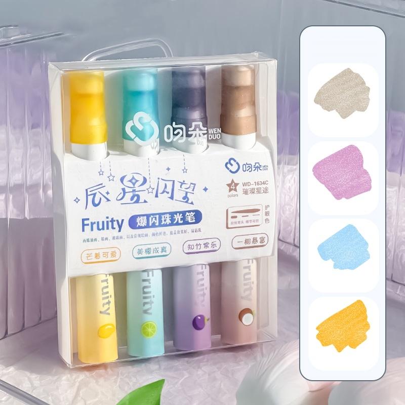 4pcs Fruity Highlighter Pens Set Brush Tip Strobe Bling Glitter Color Marker Liner for Drawing Painting Art School