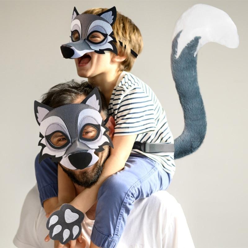 Set Costume Lupo Maschera Facciale Lupo Coda Lupo Guanti per Bambino Adulto Mascherata Compleanno Natale Halloween Costume Animale