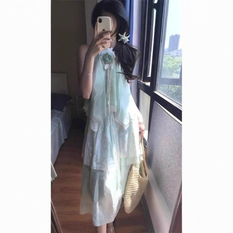 French Sweet Style Sleeveless Neck Dress Temperament Slimming Lace Splicing Flower Long Women