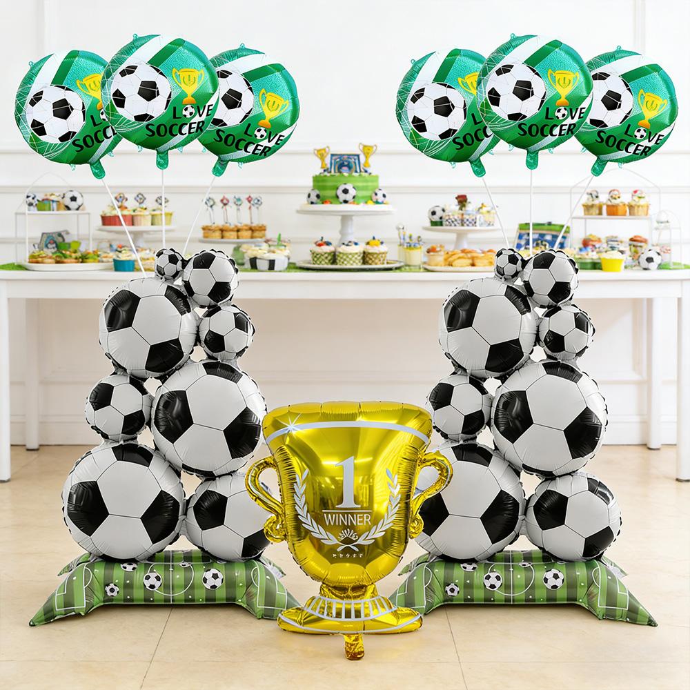 9Pcs Soccer Theme Foil Balloon Set, Standing Football Stack & Golden Champion Trophy Mylar Balloons, 18-Inch Round Soccer Balloon