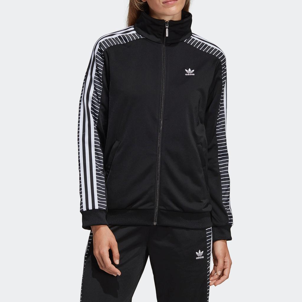 Adidas Originals Trefoil Logo Vintage Sports Print Casual Striped Jacket Women Jackets Black DU9879