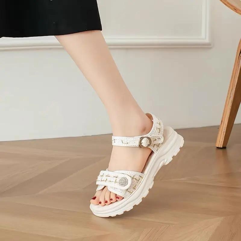 Platform Women's Sandals Korea Casual Ladies Shoes 2024 Trending Luxury Sandal Original High Quality Footwear Comfort Or On Sale