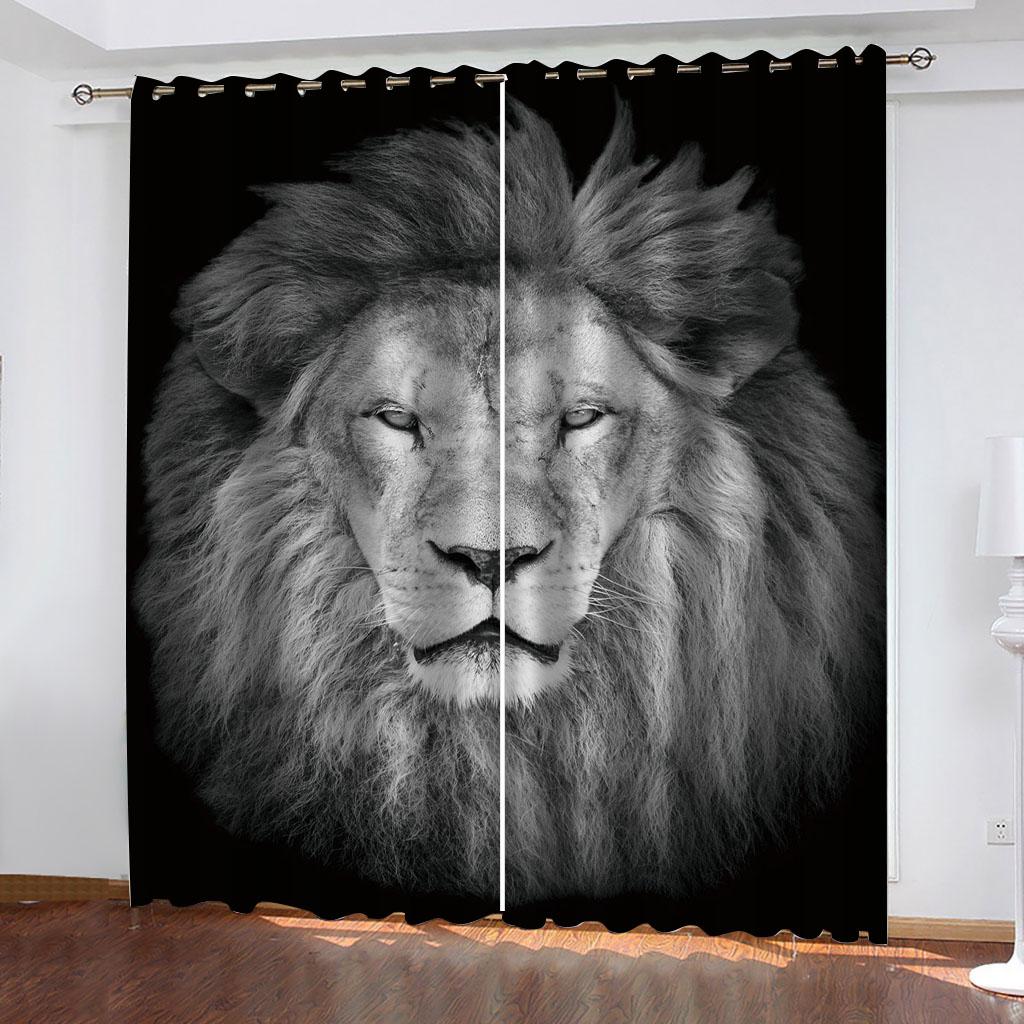 

Шторы для гостиной, 2 шт., модные 3D-животные, черно-белый лев, 2 шт., затеняющие оконные шторы для спальни W70xH160cmx2&Grommet Top