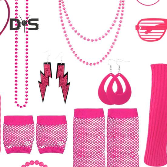 80s Neon Costume Accessories Set Knitted Leg Warmers Headband Gloves Earrings Bracelet Beaded Necklace Set Fancy Party Accessories