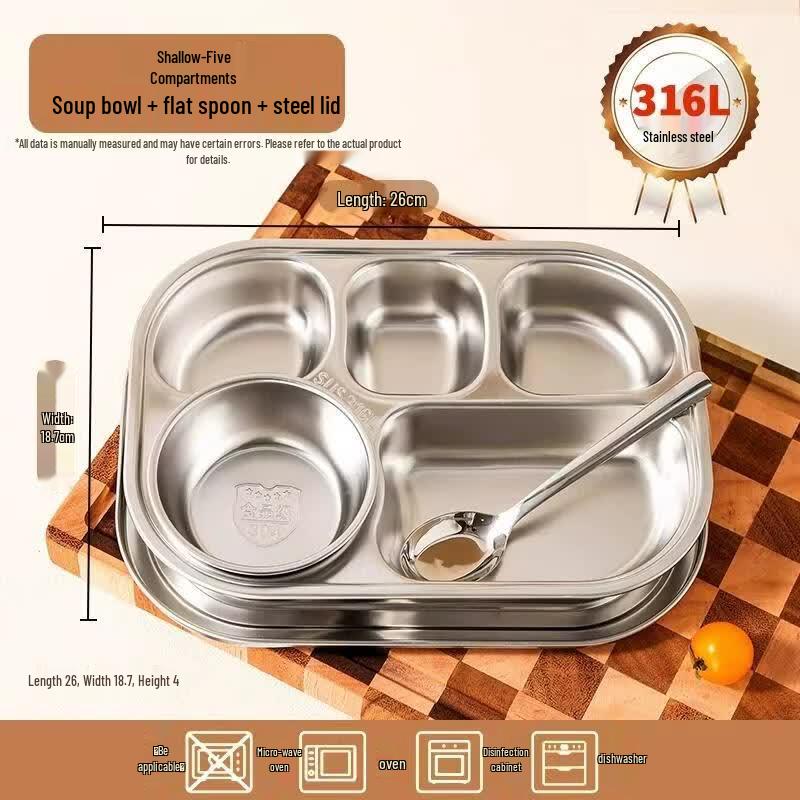 HANDUNYOU 316L Stainless Steel 5-Compartment Cafeteria Tray Set