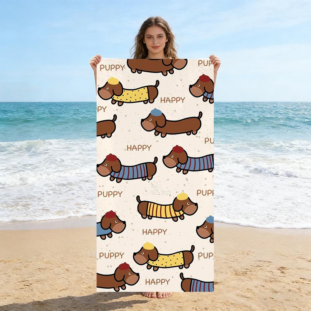Süßes Dackel Hund Strandtuch, Glücklicher Welpen Druck Mikrofaserhandtuch, Schnelltrocknendes Saugfähiges Handtuch für Strand, Schwimmen, Camping