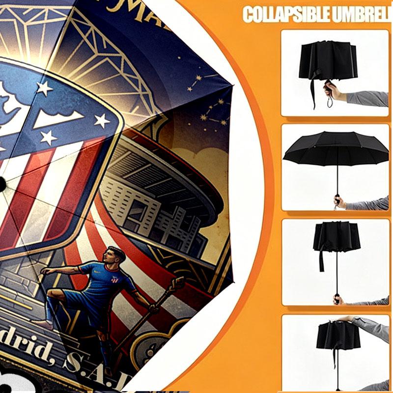 Custom Name Personalized Atletico Madrid Print Umbrella, Auto Open Close, 8‑Rib Sturdy Frame, Commute Camping Hiking Use, Birthday Gift