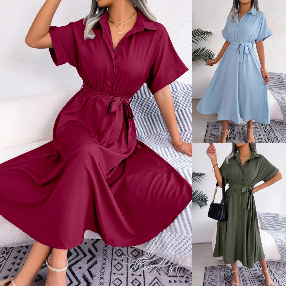 Summer Casual Loose Solid Color Tie-Up Long Shirt Dress for Women