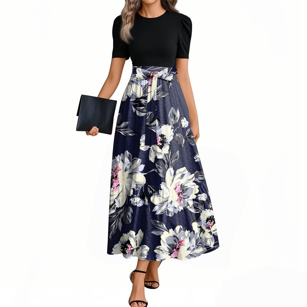 Moda feminina casual com cinto gola redonda manga curta floral patchwork vestidos elegantes