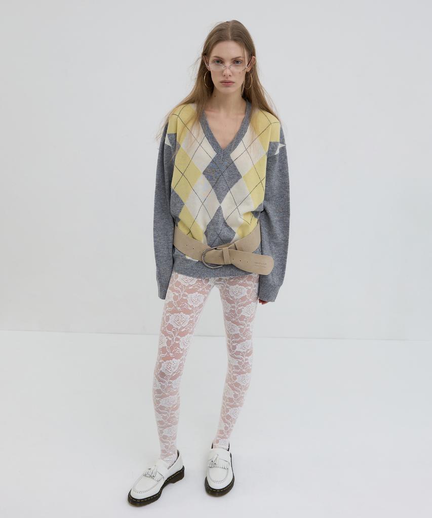 Obeodyupeulleeo Classic Argyle V-Neck Knit_Lemon/Grey
