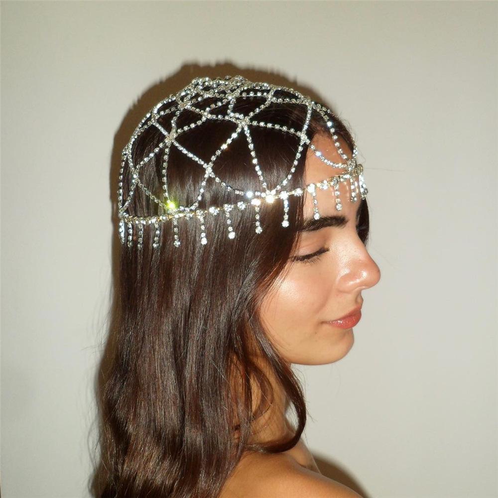 Cross-Border Hot Selling Accessories Mesh Rhinestone Hair Chain Temperament Trend Full European and American Wholesale