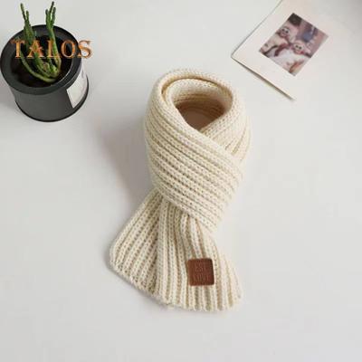 Kids Knitting Scarf Solid Color Thickened Warm Knitted Style Scarf with Faux Leather Label Versatile Daily Wear