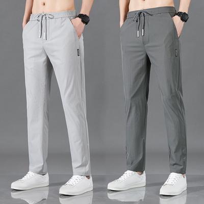 Men Pants Ice Silk Straight Thin Side Pockets Drawstring Elastic Waist Slim Fit Solid Color Quick Dry Gym Traning Jogging Sweatpants Long Trousers