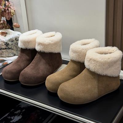 Women's Genuine Leather Cowhide Fashion Lightweight Winter Warm Fur Integrated Snow Boots Padded Wool Lined Non-slip Casual Sports Cotton Boots