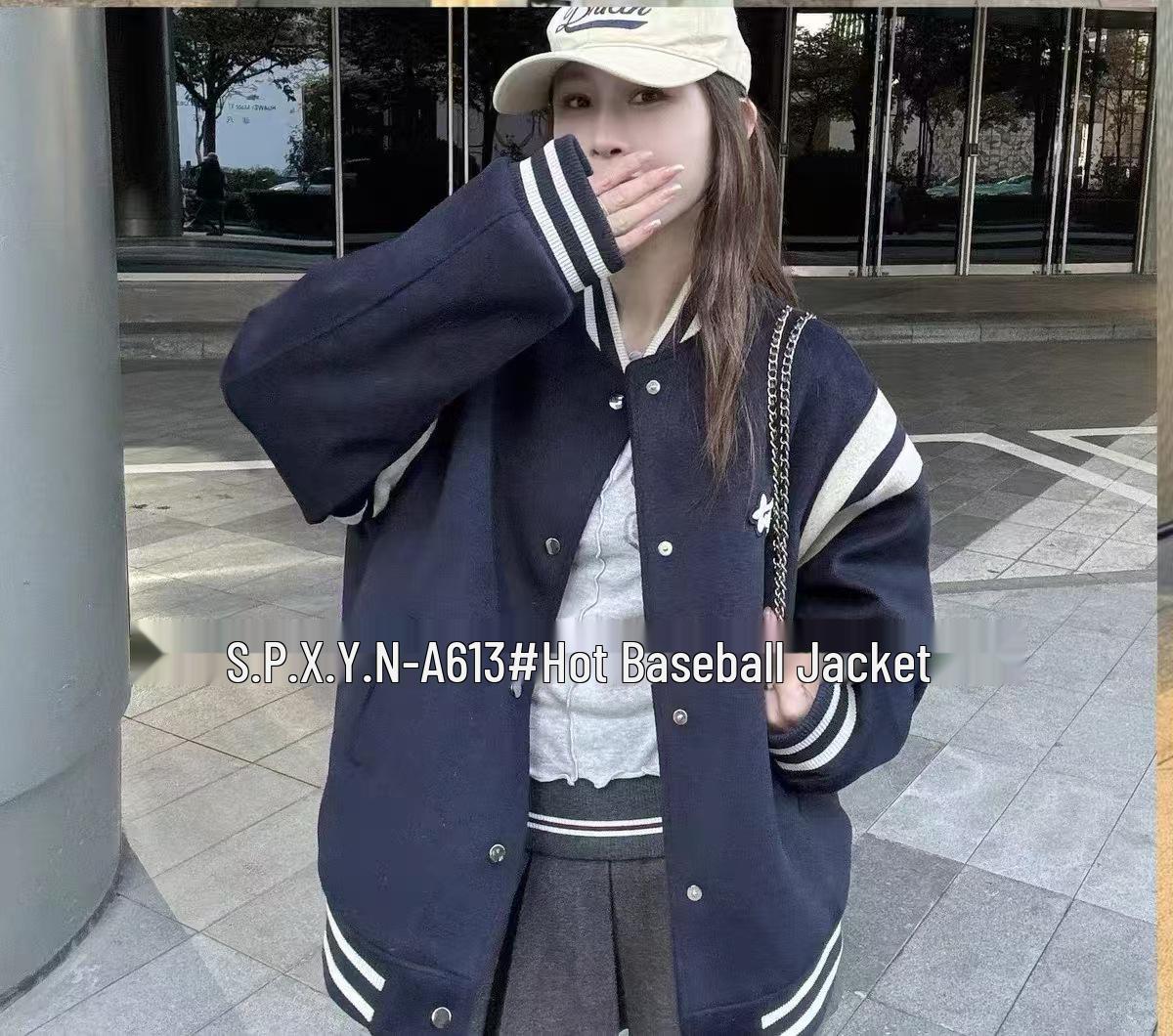 

Женская шерстяная бейсбольная куртка в стиле 2025 года в европейском стиле, с вышивкой, в стиле колор-блок - Новая зимняя повседневная куртка свободного кроя. One Size темно-синий