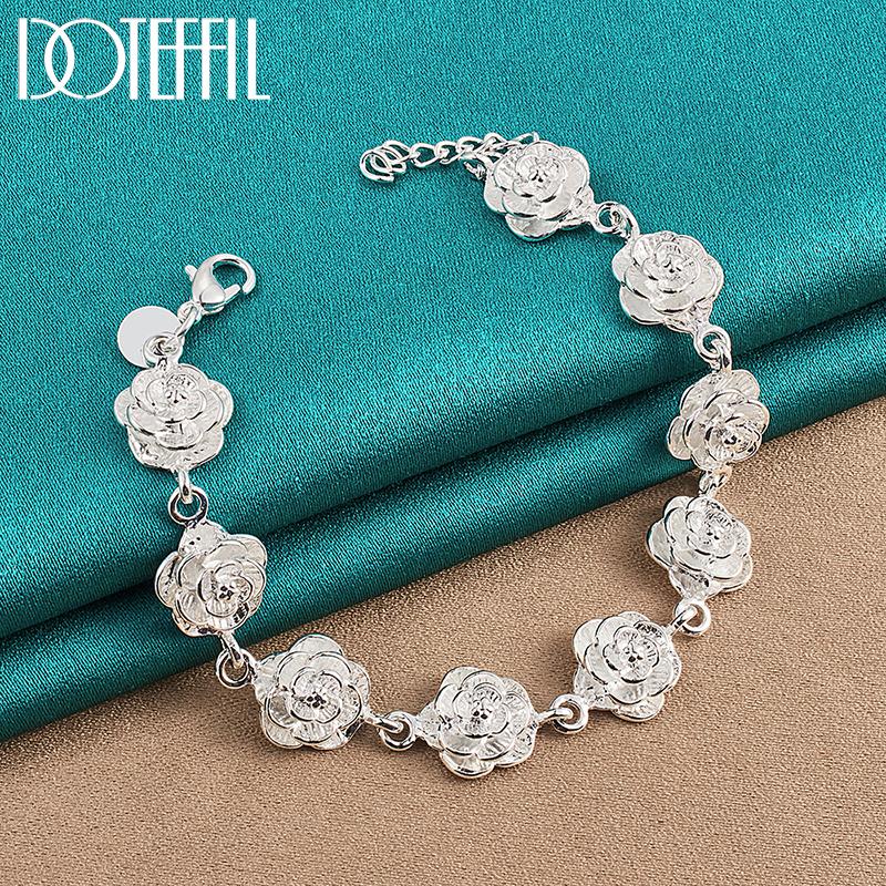 DOTEFFIL 925 Silber Volle Rose Blume Kette Armband für Frauen Hochzeit Verlobungsparty Mode Charme Schmuck