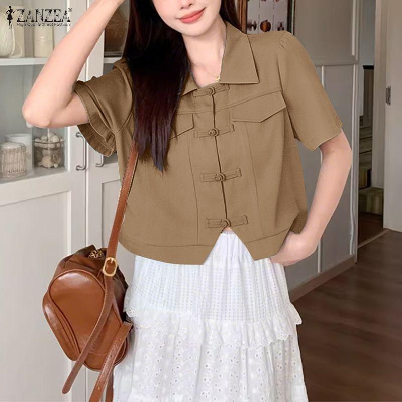 ZANZEA Camicetta estiva a maniche corte con colletto rovesciato casual da donna