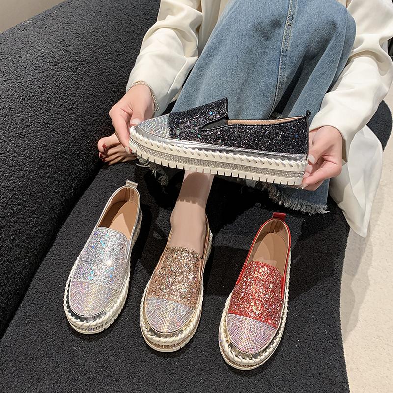 Aphixta 3cm Platform Crystals Round Toe Leather Flats Shoes Women Silver Bling Loafers Shoes Woman Flat With Students Size 43