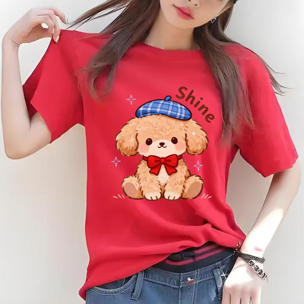 Neues Niedliches Cartoon Lockiger Hund Aufdruck T-Shirt Lässig Kurzarm Geeignet für Vier Jahreszeiten Tägliche Kleidung Damen T-Shirt