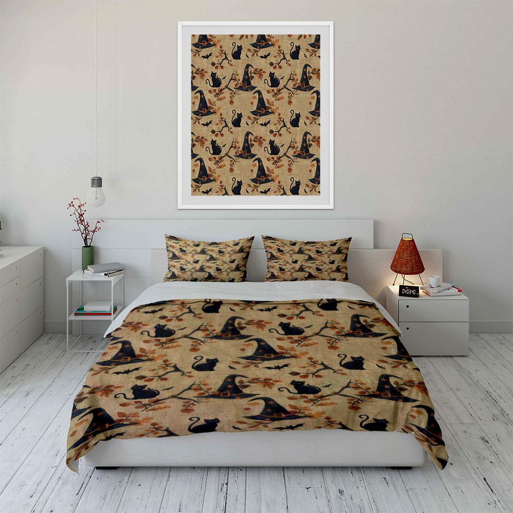 Halloween Witch Hat Decor Set Bedding Set with 1 Duvet Cover 2 Pillowcases Single Double King Queen Gift