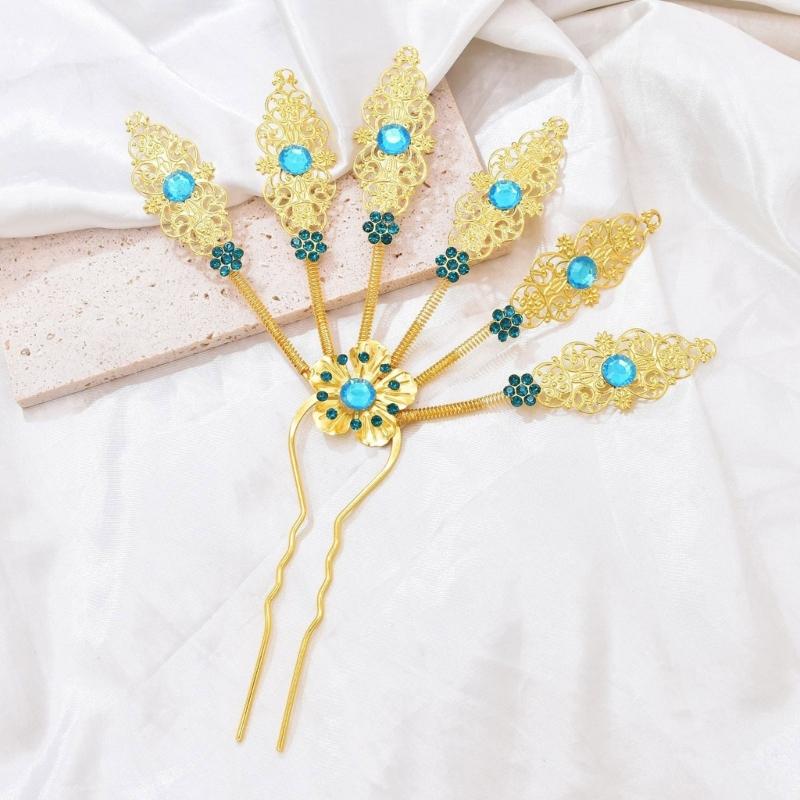 Alloy Peacocks Leaf Hair Stick Hairpieces with Rhinestones Thai Ethnic Hair Ornament Daily Hairstyle Embellishment